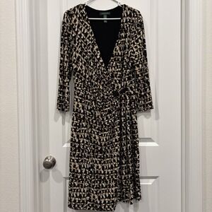 Lauren Ralph Lauren Dress Jersey Wrap Dress Womens 14 Black White Gold Abstract